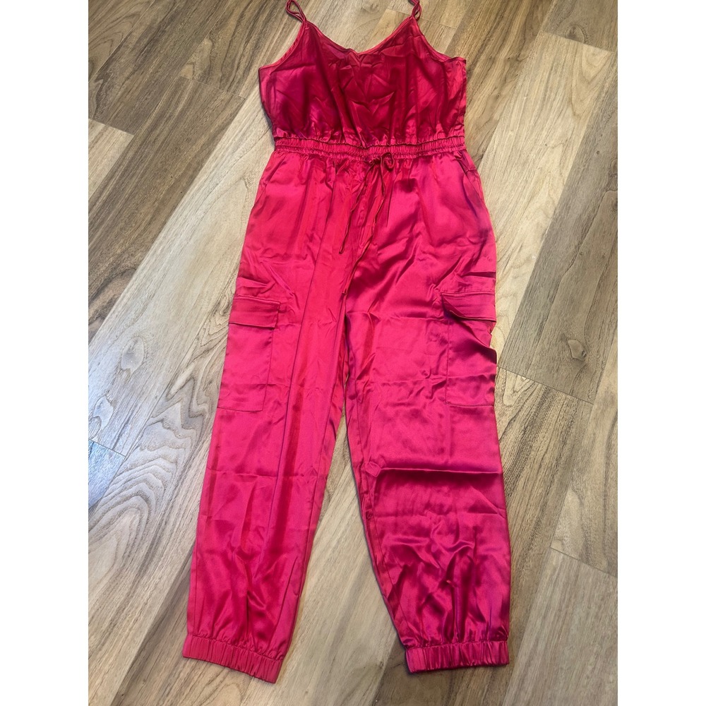 BTFBM Women Satin Cargo Jumpsuit Magenta Pink XL V-Neck Spaghetti Strap Jogger